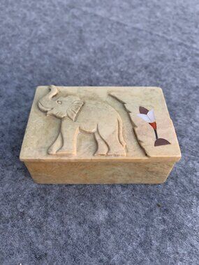 Hand Carved Soapstone Jewelry Box Elephant and Mother of Pearl Trinket Box